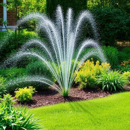 a symbol of irrigation designing. Lush green plants and yellow flowers surround the fountain, creating a refreshing and tranquil outdoor space. Perfect for landscaping inspiration. Location: Dothan, United States